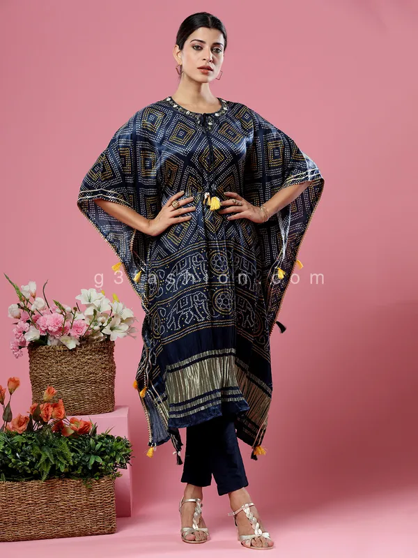 Party wear navy bandhej silk kaftan style kurti set