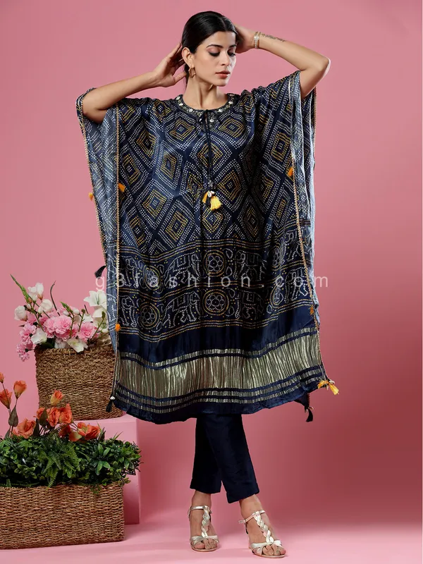 Party wear navy bandhej silk kaftan style kurti set