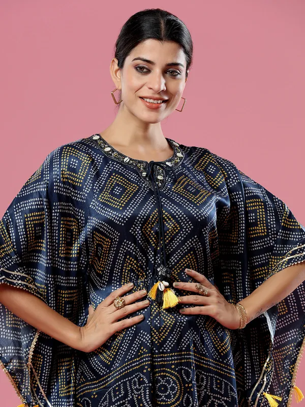 Party wear navy bandhej silk kaftan style kurti set