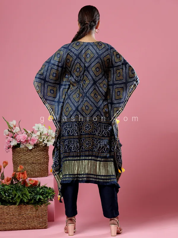 Party wear navy bandhej silk kaftan style kurti set