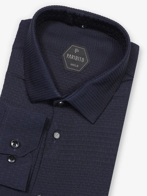 Party wear navy shirt in textured cotton