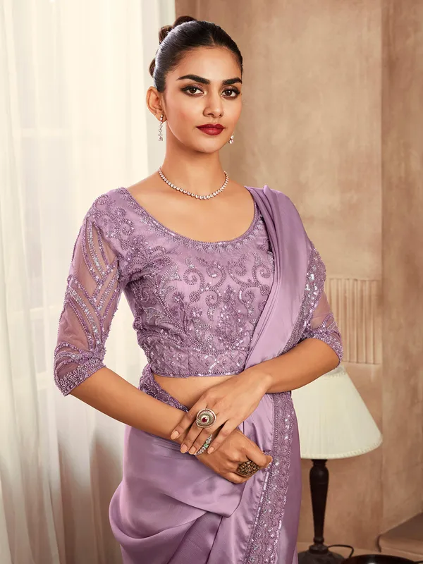 Party wear satin silk saree in lilac purple color