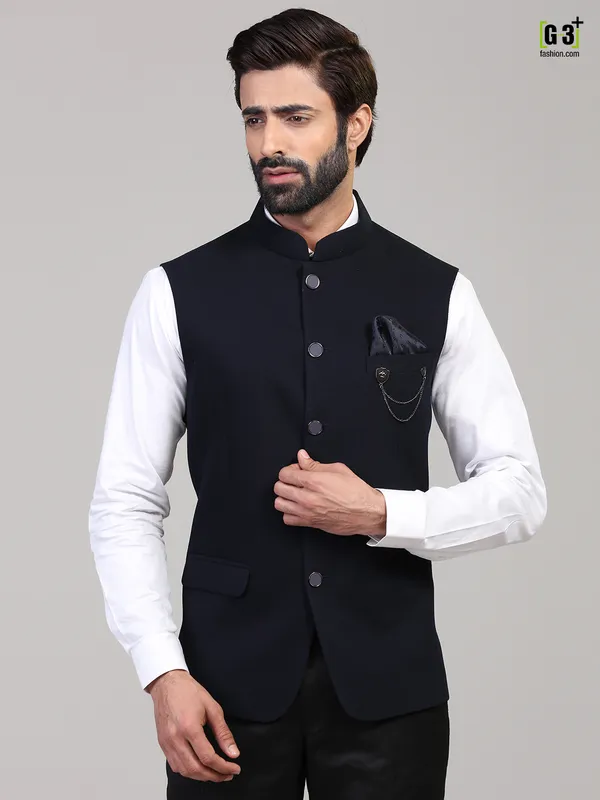 Party wear solid navy knitted waistcoat