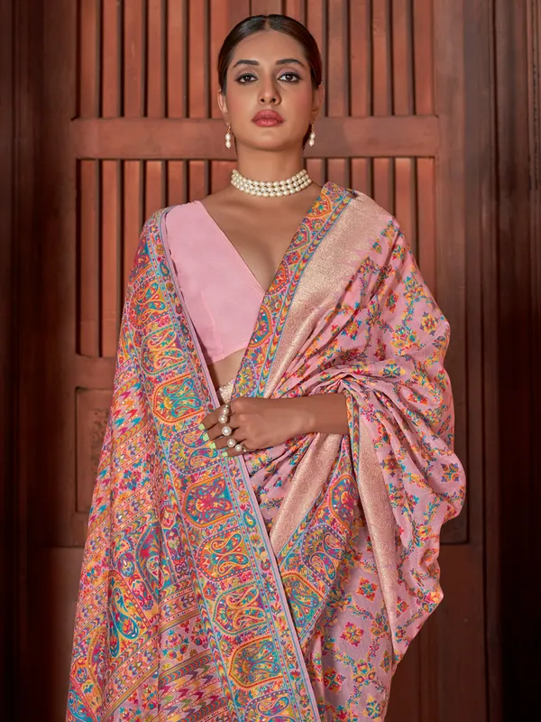 Pasahmina cotton silk saree in baby pink