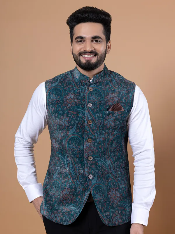 Pashmina silk bottle green printed waistcoat