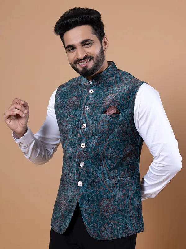 Pashmina silk bottle green printed waistcoat