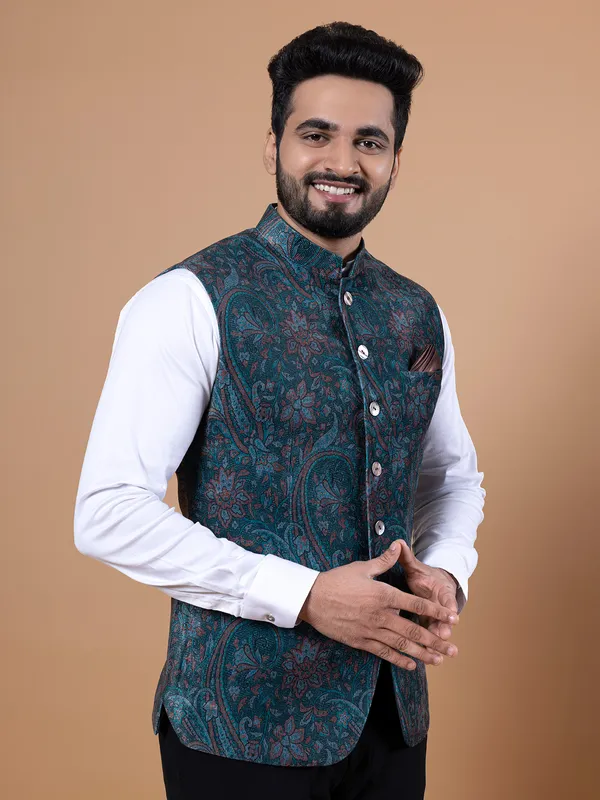 Pashmina silk bottle green printed waistcoat