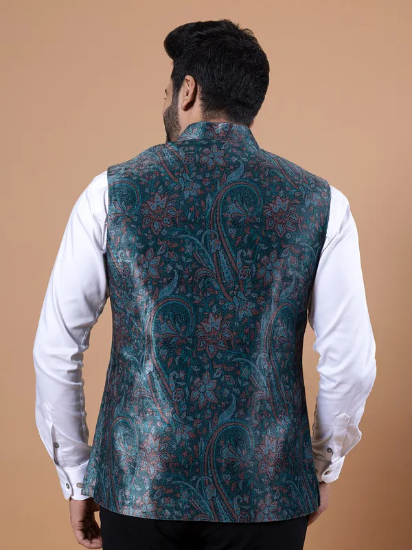 Pashmina silk bottle green printed waistcoat