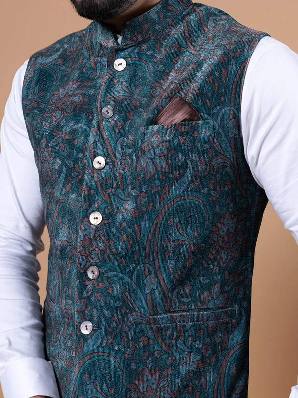 Pashmina silk bottle green printed waistcoat