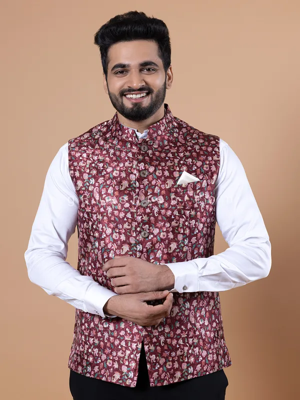 Pashmina silk maroon wedding waistcoat
