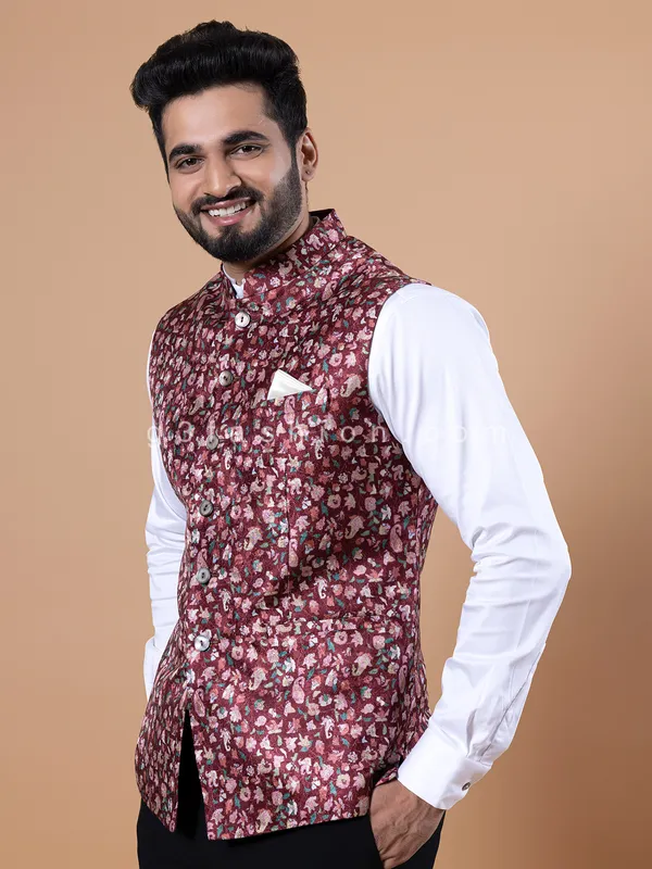 Pashmina silk maroon wedding waistcoat