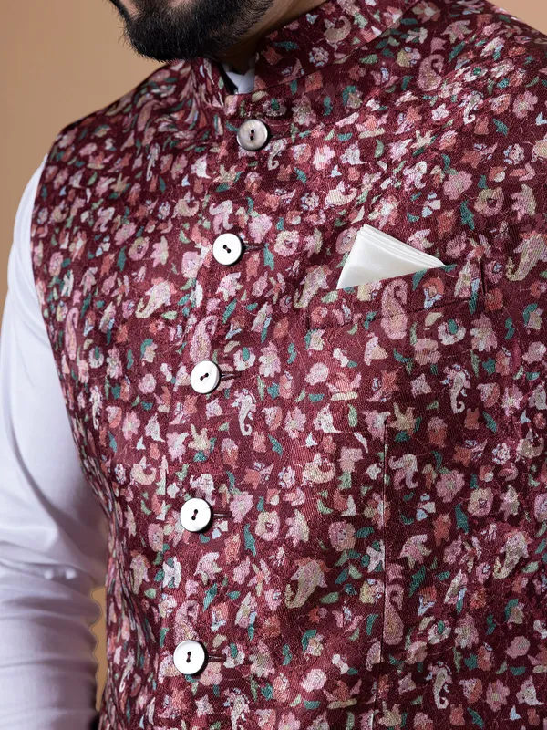 Pashmina silk maroon wedding waistcoat