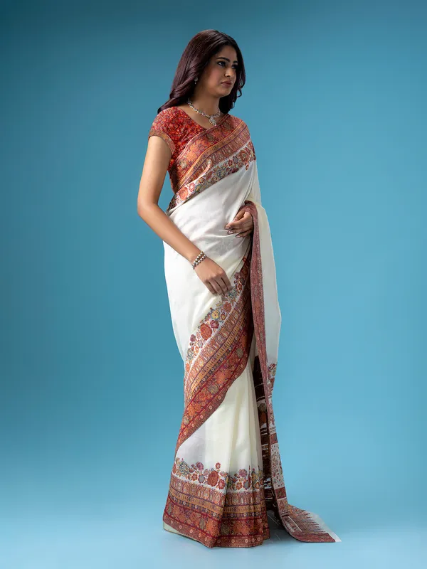 Pashmina silk white saree for wedding