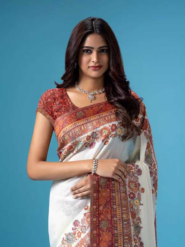 Pashmina silk white saree for wedding