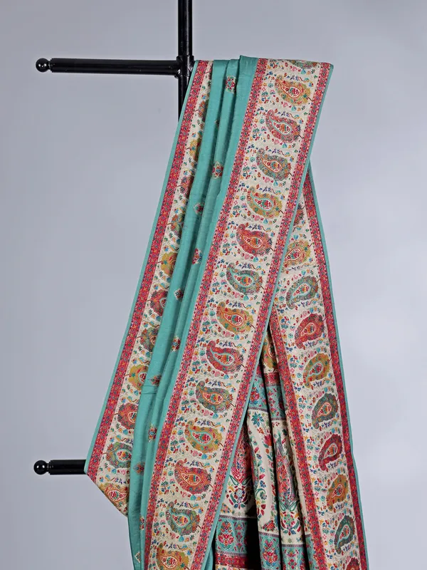 Pastel aqua pashmina silk saree