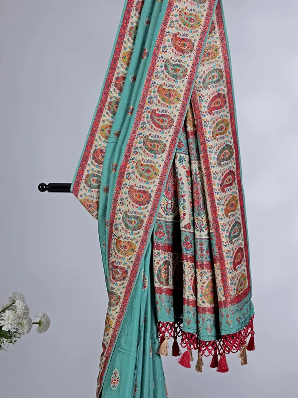 Pastel aqua pashmina silk saree