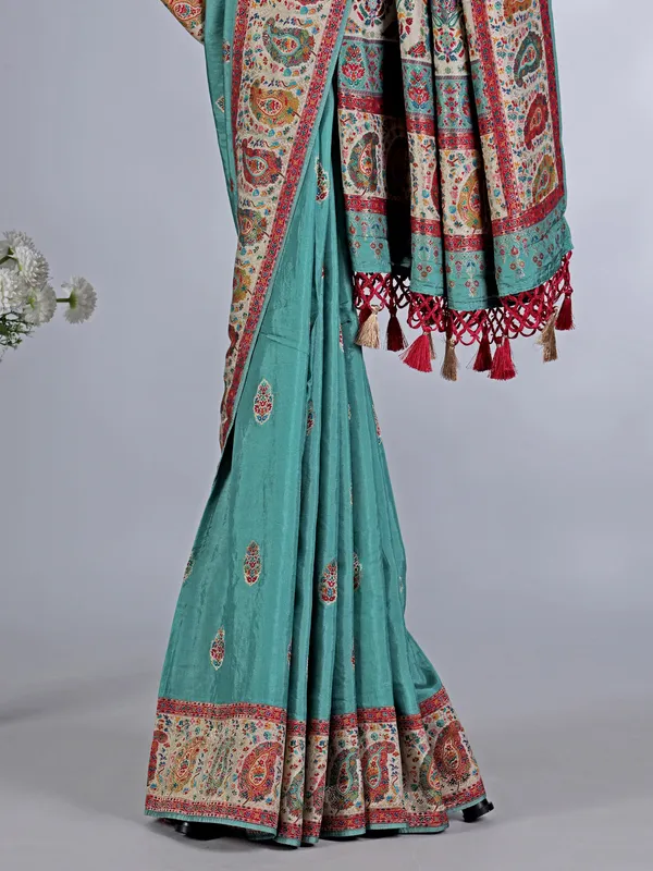 Pastel aqua pashmina silk saree