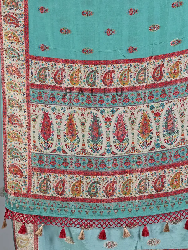 Pastel aqua pashmina silk saree