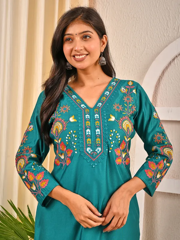 Pastel aqua silk V neck embroidered kurti