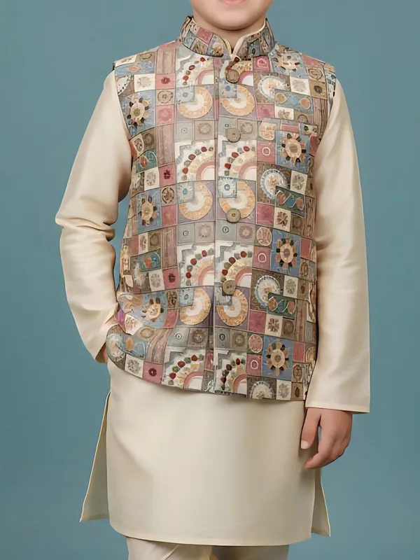 Pastel beige printed semi silk waistcoat churidar set