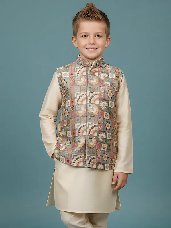 Pastel beige printed semi silk waistcoat churidar set