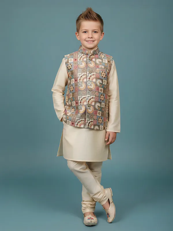 Pastel beige printed semi silk waistcoat churidar set