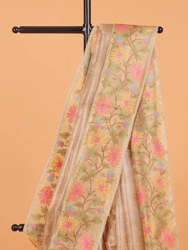 Pastel beige semi organza saree for festival wear