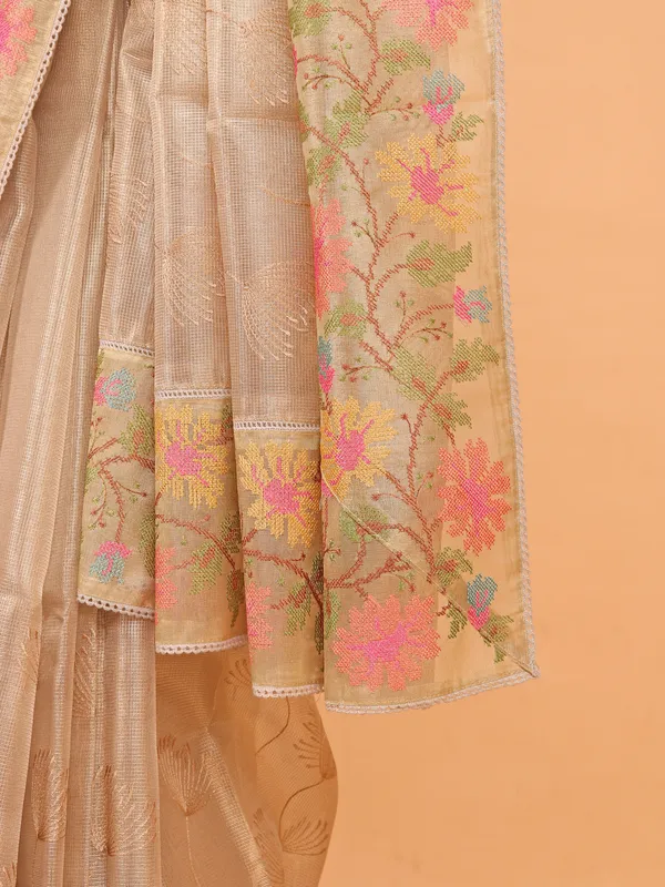 Pastel beige semi organza saree for festival wear