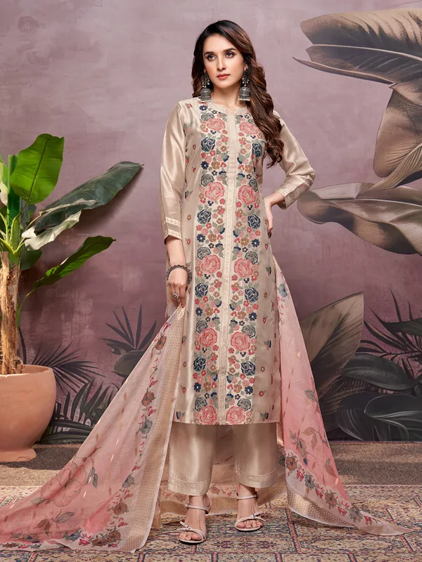 Pastel beige silk straight cut salwar suit