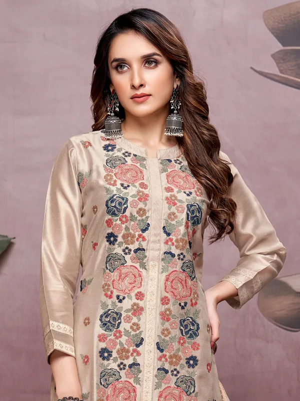 Pastel beige silk straight cut salwar suit