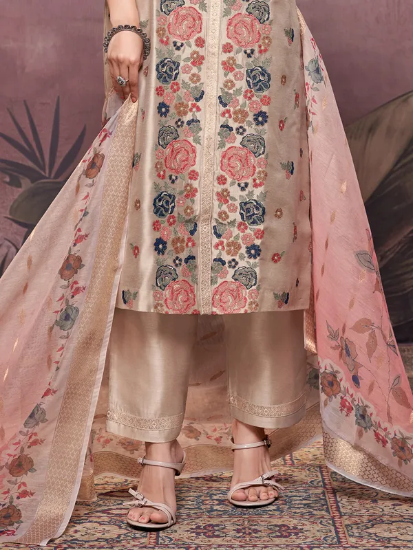 Pastel beige silk straight cut salwar suit