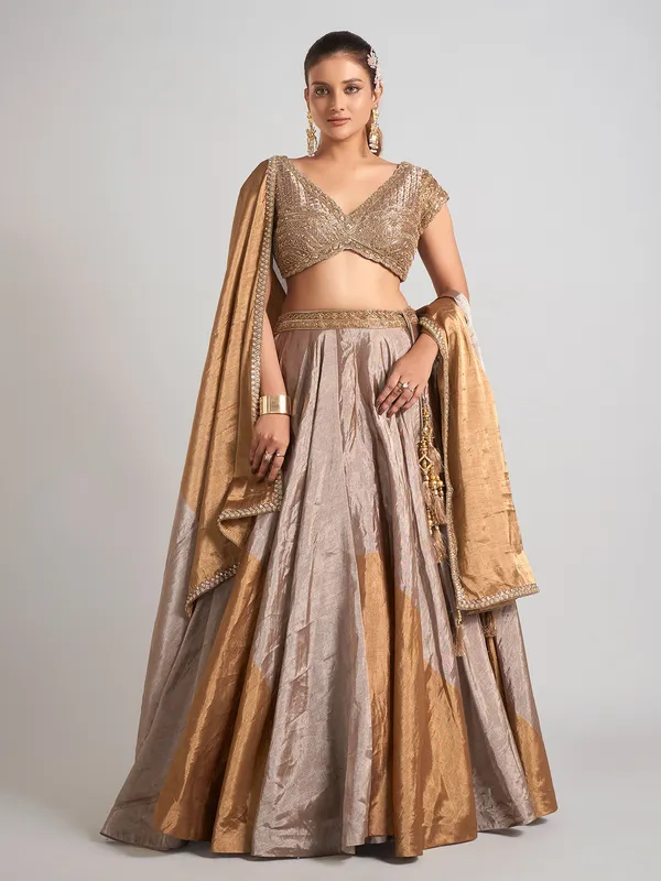 Pastel beige silk wedding lehenga choli with dupatta