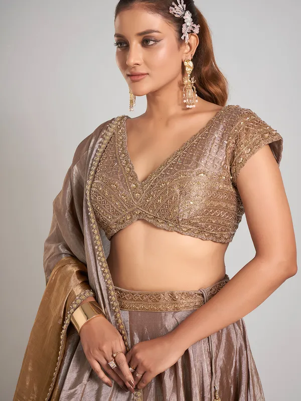 Pastel beige silk wedding lehenga choli with dupatta
