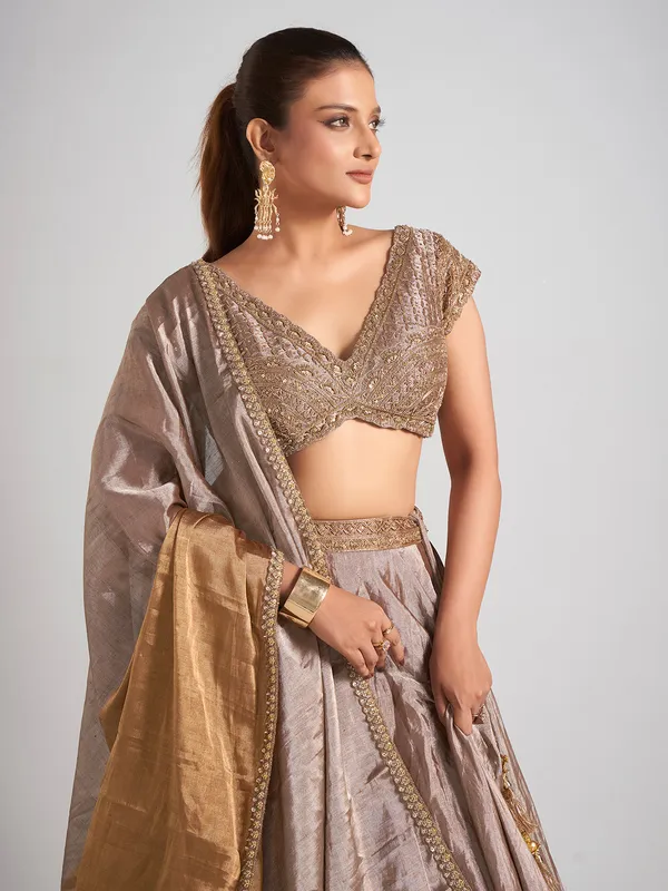 Pastel beige silk wedding lehenga choli with dupatta