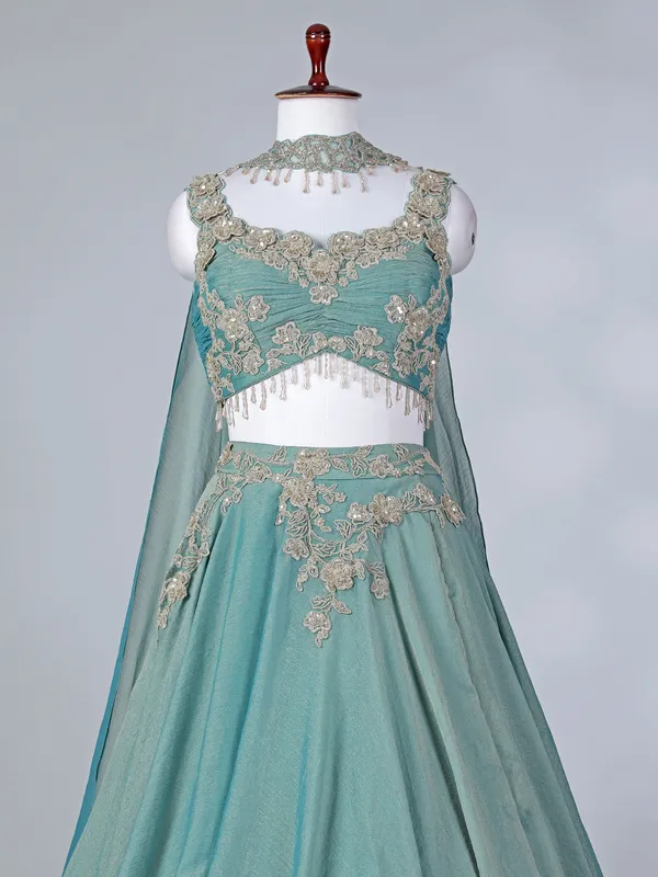 Pastel blue chiffon lehenga choli with thread work