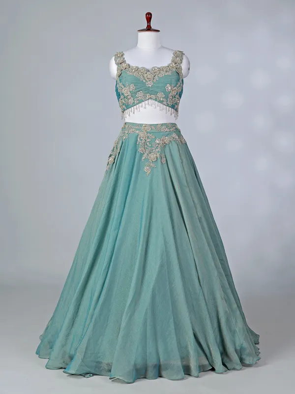 Pastel blue chiffon lehenga choli with thread work