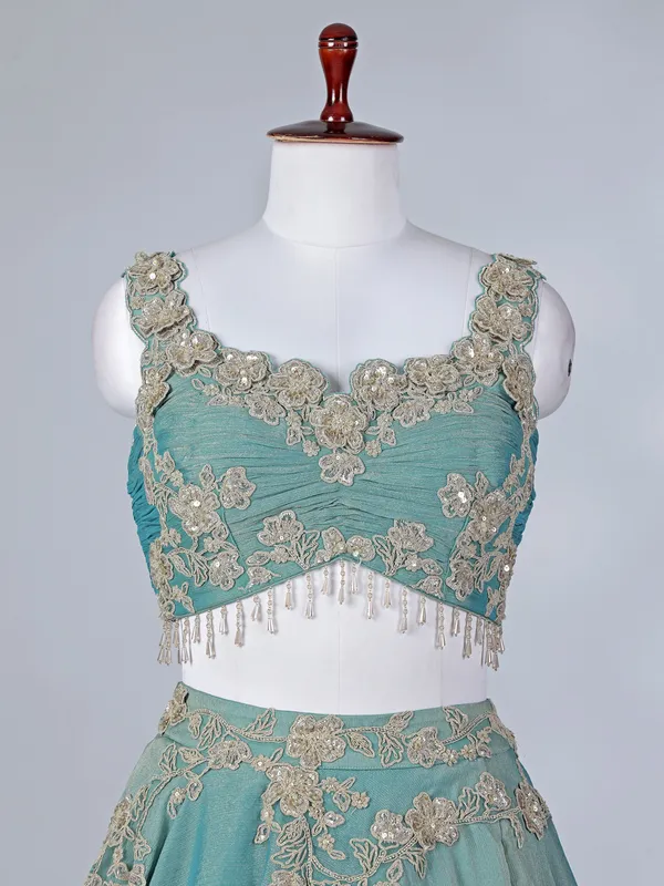 Pastel blue chiffon lehenga choli with thread work