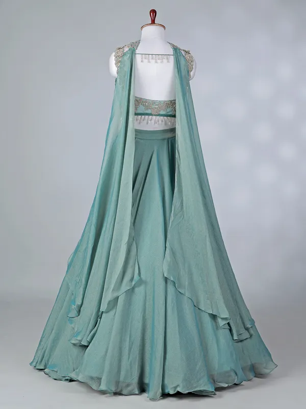 Pastel blue chiffon lehenga choli with thread work