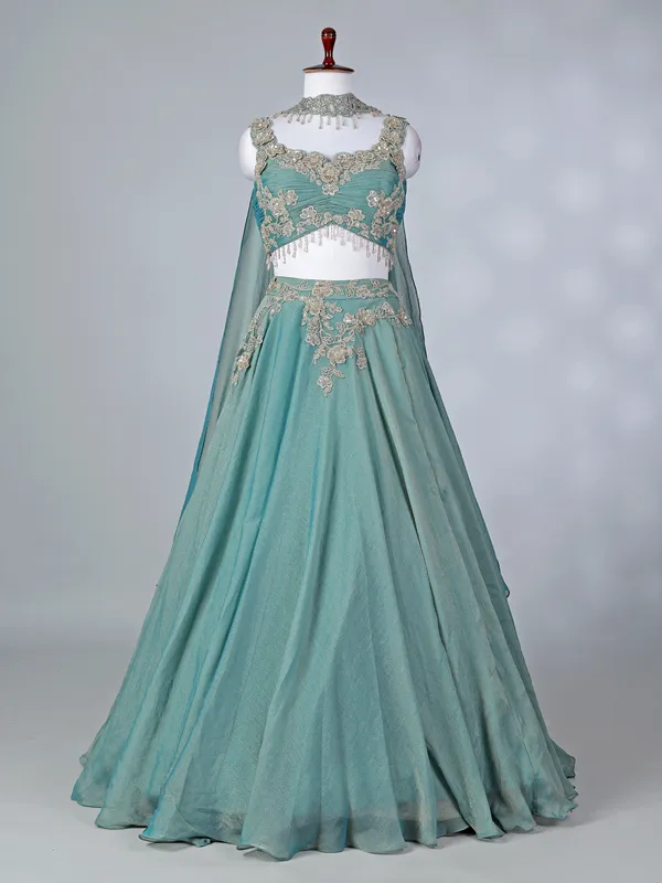 Pastel blue chiffon lehenga choli with thread work