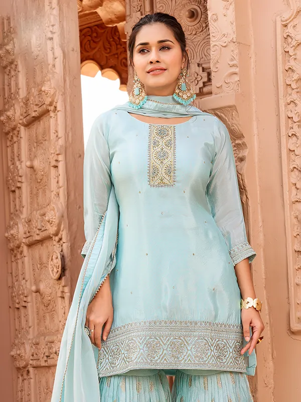 Pastel blue chiffon pakistani sharara suit