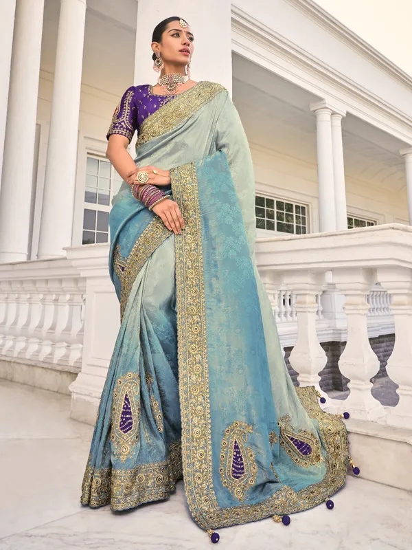Pastel blue crape saree for wedding glamour
