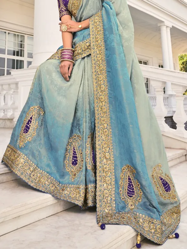 Pastel blue crape saree for wedding glamour