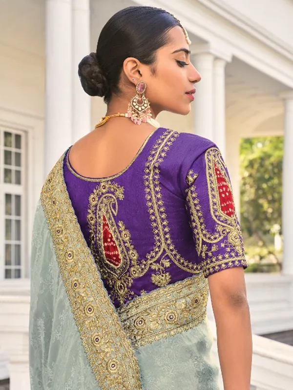Pastel blue crape saree for wedding glamour