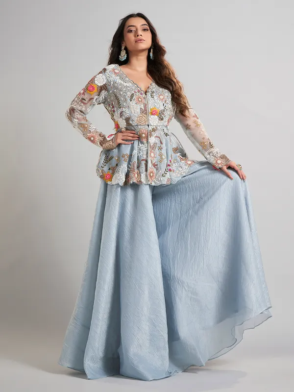 Pastel blue designer pakistani silk palazzo suit
