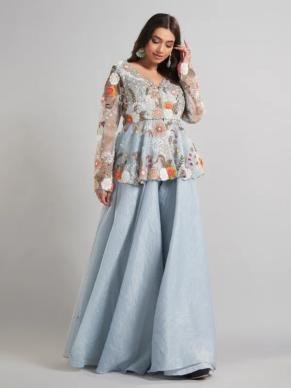 Pastel blue designer pakistani silk palazzo suit