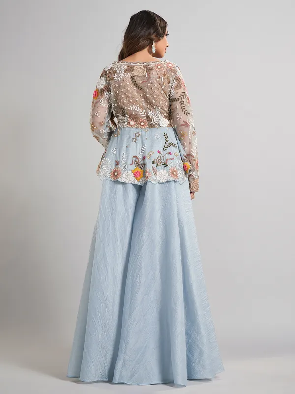 Pastel blue designer pakistani silk palazzo suit