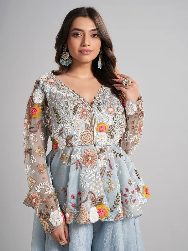Pastel blue designer pakistani silk palazzo suit