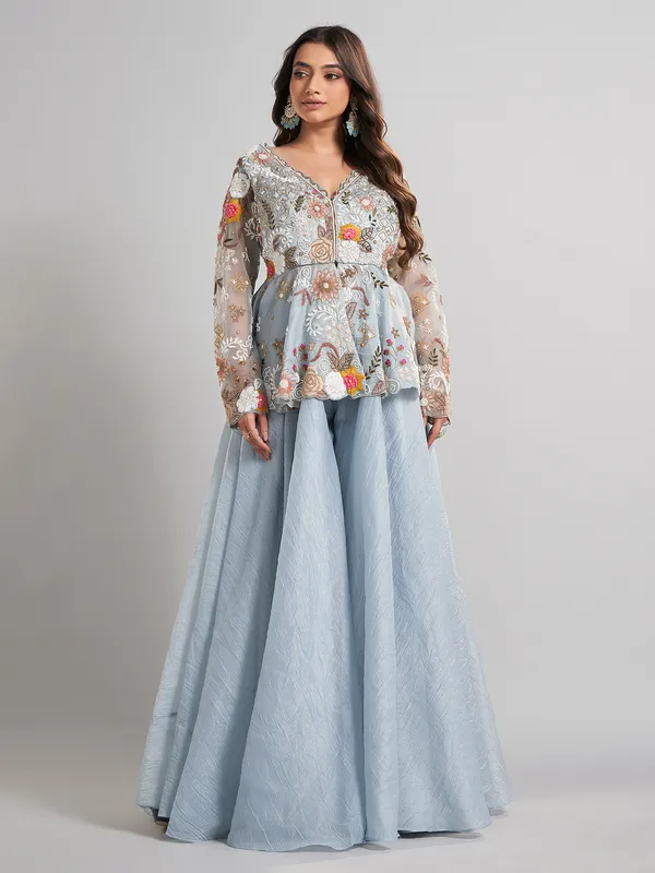 Pastel blue designer pakistani silk palazzo suit