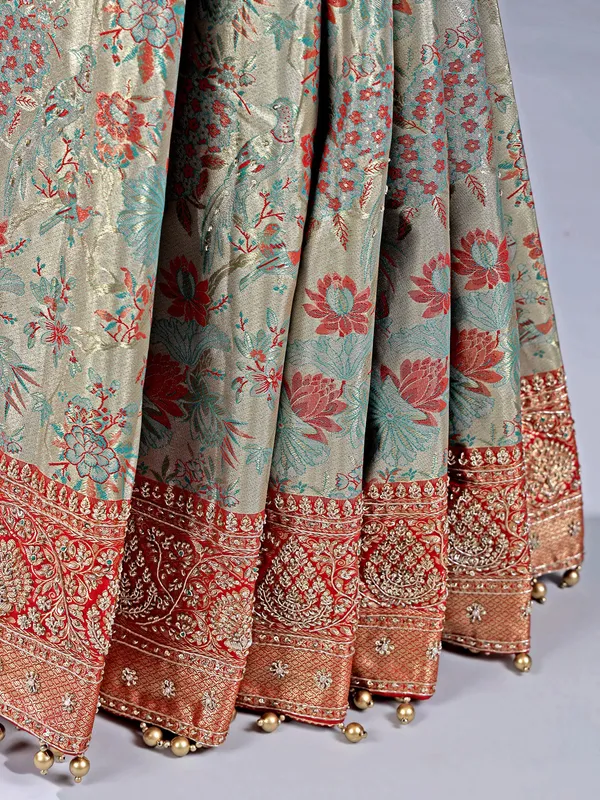 Pastel blue kanjivaram saree with pearl detailing