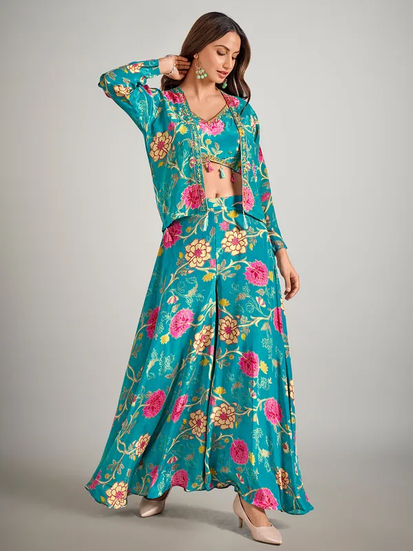 Pastel blue printed short jacket style palazzo suit